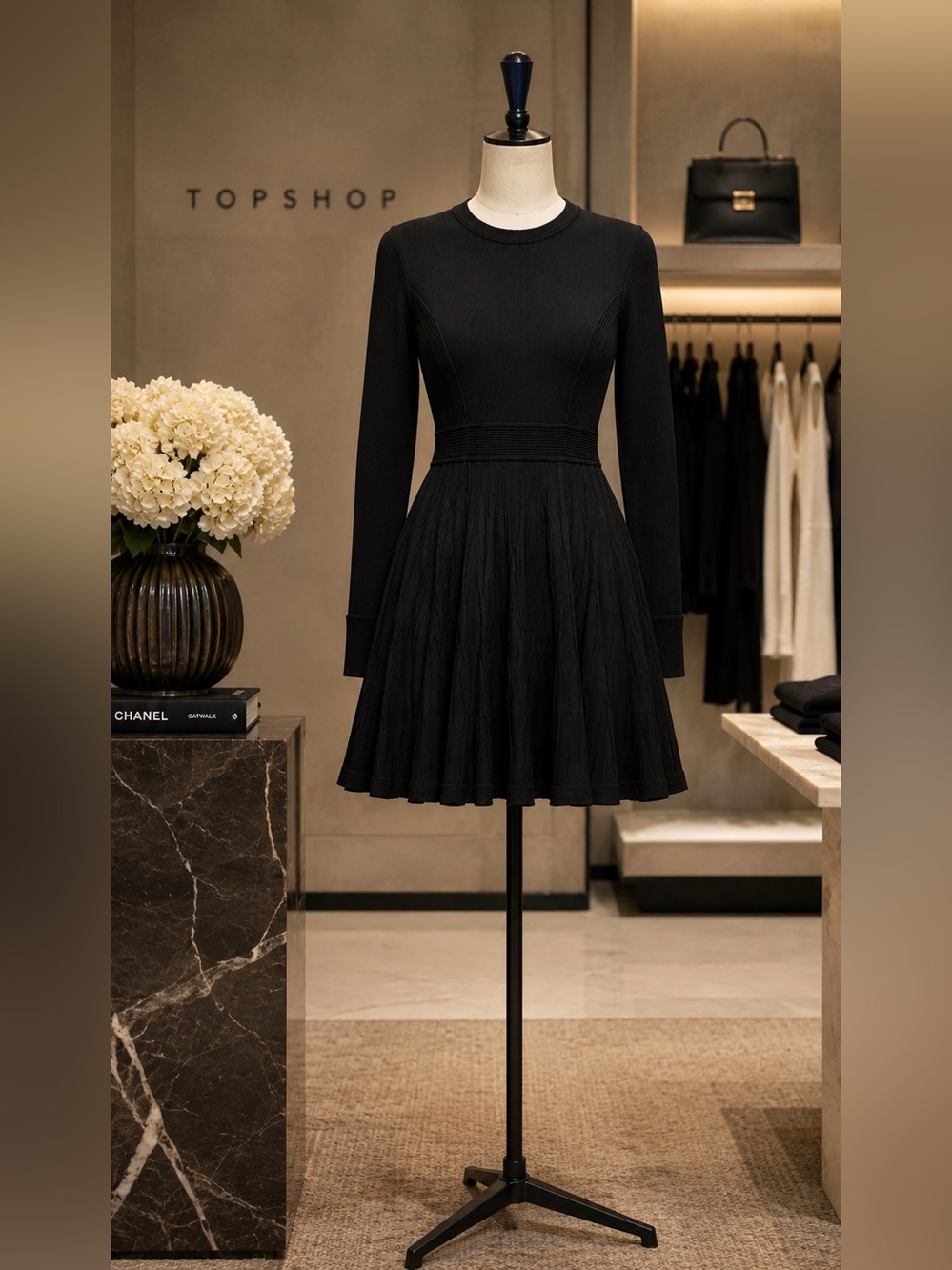 Topshop Black Ribbed Knit Fit & Flare Sweater Dress NWT Size 8 - Picture 2 of 10